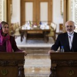ایرانی وزیر خارجہ محمد جواد ظریف کے ہمراہ یورپی یونین کی  خارجہ امور کی سربراہ Federica Mogherini کی اخباری کانفرنس