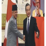 نیپال کے نئے وزیر خارجہ پردیپ کمار جوالی،  چینی وزیر خارجہ وانگ یی اور بھارتی وزیر اعظم نریندر مودی