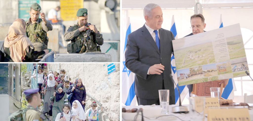 اسرائیلی وزیر اعظم بنیامین نیتن یاہو مغربی کنارے میں نئی یہودی بستی کا نقشہ دکھا رہے ہیں قابض فوج نے ناکابندی کر رکھی ہے